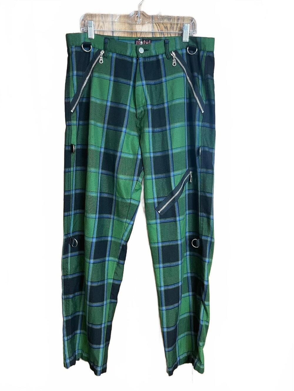 Morbid Threads green & black tartan plaid bondage pants 16